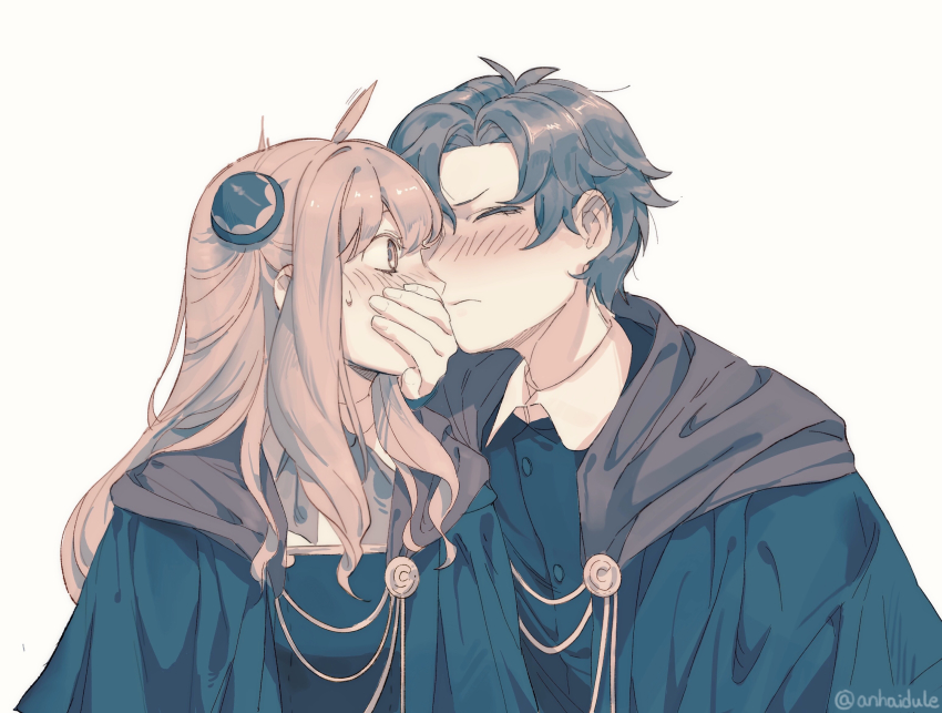 1boy 1girl aged_up anya_(spy_x_family) black_hair cape closed_eyes closed_mouth covering_another&#039;s_mouth damian_desmond dule_(anhaidule) eden_academy_school_uniform embarrassed green_eyes hairpods hand_over_another&#039;s_mouth highres long_hair looking_at_another parted_bangs pink_hair school_uniform short_hair simple_background spy_x_family sweatdrop white_background