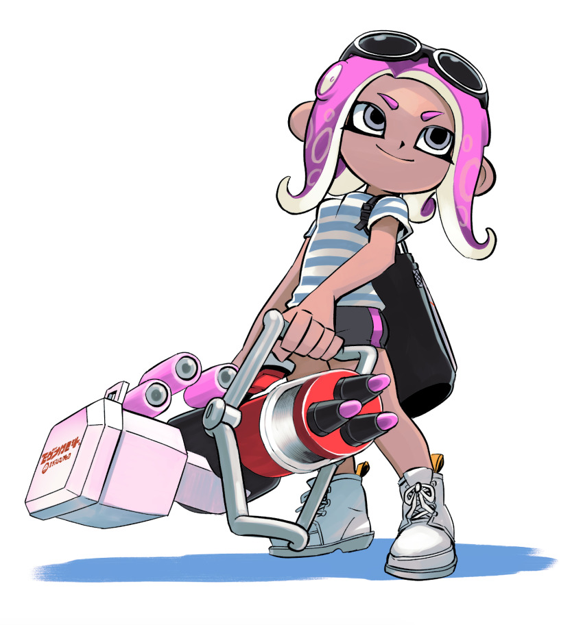 1girl black_shorts blue_shirt boots breasts dark_skin eyewear_on_head gatling_gun grey_eyes gun heavy_edit_splatling_(splatoon) highres holding holding_gun holding_weapon ink_tank_(splatoon) long_hair looking_to_the_side muramasa_mikado nintendo octoling octoling_girl octoling_player_character octopus_girl purple_hair shirt short_sleeves shorts small_breasts smile splatoon_(series) standing striped_clothes striped_shirt suction_cups sunglasses sunglasses_on_head tentacle_hair weapon white_background white_boots