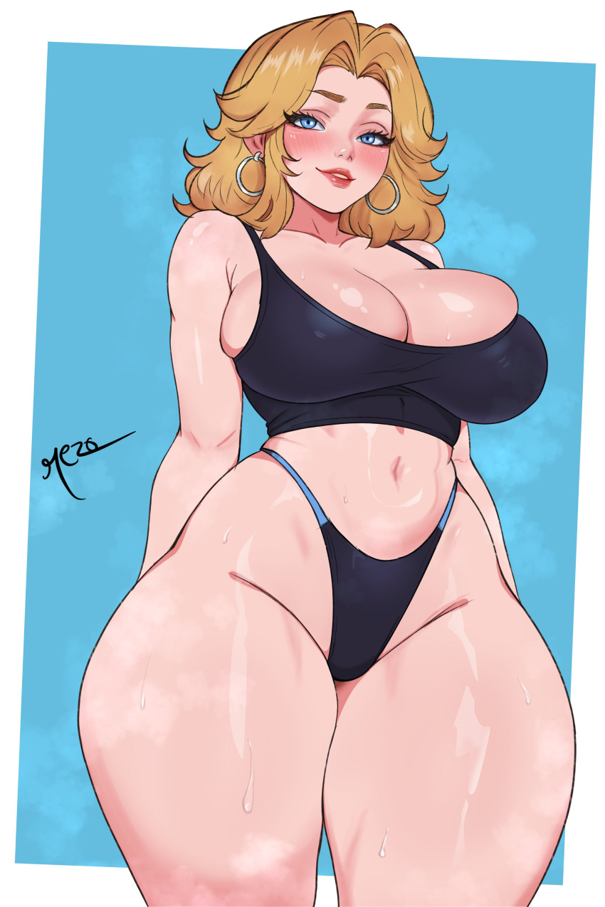 1girl absurdres bad_link blonde_hair bra breasts cleavage curvy highleg highres hip_dips large_breasts marvel marvel_rivals re_zoart shiny_skin solo sue_storm thighs thong underwear wide_hips