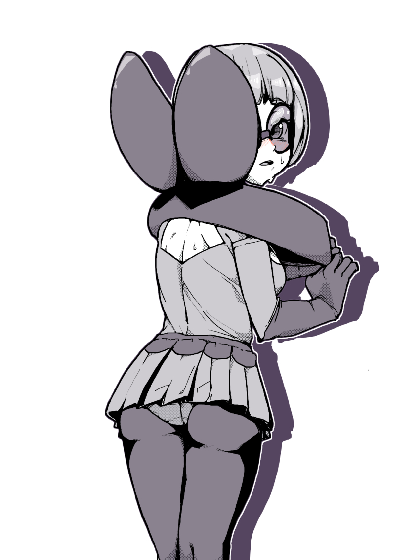 1girl 2049_(hh5566) adjusting_clothes ass back_cutout bespectacled black_gloves bob_cut breasts clothing_cutout dress elbow_gloves elite_four embarrassed female_focus from_behind glasses gloves greyscale hands_up highres legs_together looking_at_viewer looking_back medium_breasts medium_hair minidress monochrome nervous nintendo no_bra open_mouth panties pantyhose pokemon pokemon_bw round_eyewear shauntal_(pokemon) short_dress shoulder_blades standing sweat turning_head underwear upskirt