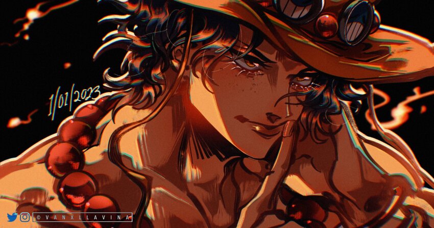1boy black_background black_hair close-up fire freckles hat highres instagram_username jewelry looking_ahead male_focus necklace one_piece orange_hat portgas_d._ace solo twitter_username vanxllavina