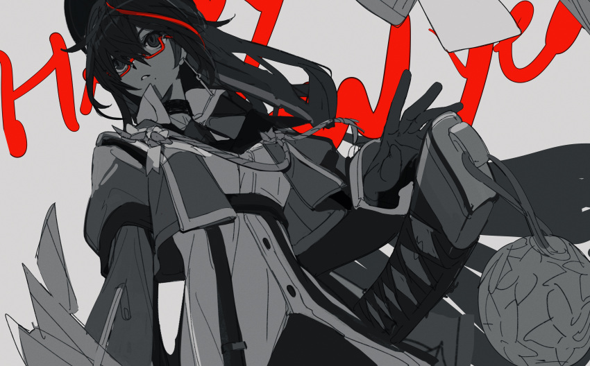 1girl absurdres akafuyu_(arknights) alternate_costume arknights bespectacled buttons chest_strap choker cropped_jacket expressionless from_below glasses grey_background highres katana kumatangent long_hair long_sleeves looking_ahead mole mole_under_mouth parted_lips red-framed_eyewear solo spot_color sword underbust weapon