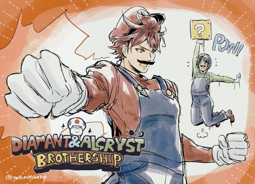 2boys alcryst_(fire_emblem) blue_hair blue_overalls cosplay diamant_(fire_emblem) facial_hair fire_emblem fire_emblem_engage gloves green_shirt highres long_sleeves looking_at_viewer luigi luigi_(cosplay) mario mario_&amp;_luigi:_brothership mario_(cosplay) mario_(series) mario_hat multiple_boys mustache nintendo open_mouth overalls red_hair red_shirt shirt sommie_(fire_emblem) umi_(_oneinchswing) white_gloves