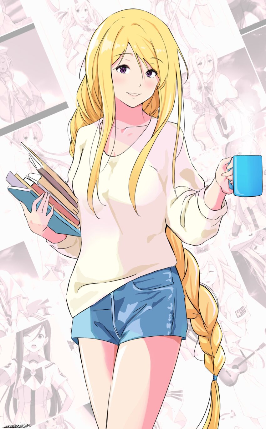 6+girls aika_granzchesta alice_carroll alicia_florence andanden aria_(manga) aria_company_uniform athena_glory blue_shorts blush book braid braided_ponytail breasts cleavage collarbone cowboy_shot cup eyelashes highres himeya_company_uniform holding holding_book holding_cup long_hair long_sleeves medium_breasts mizunashi_akari mug multiple_girls orange_planet_uniform parted_bangs parted_lips purple_eyes shadow shirt short_shorts shorts sidelocks signature solo_focus thighs very_long_hair white_shirt