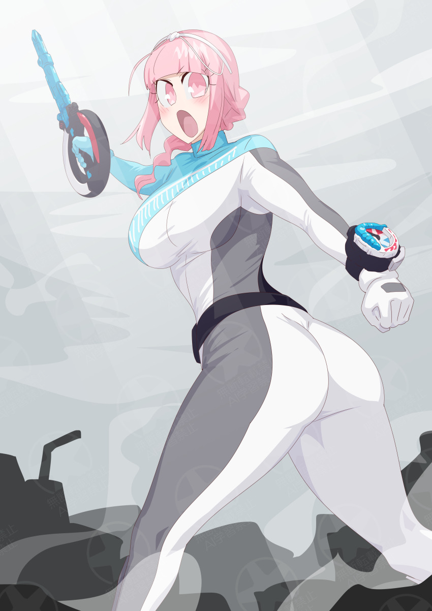 1girl bakuage_sentai_boonboomger bodysuit nicola_keydoor no_headwear otokamu pink_eyes pink_hair super_sentai tiara
