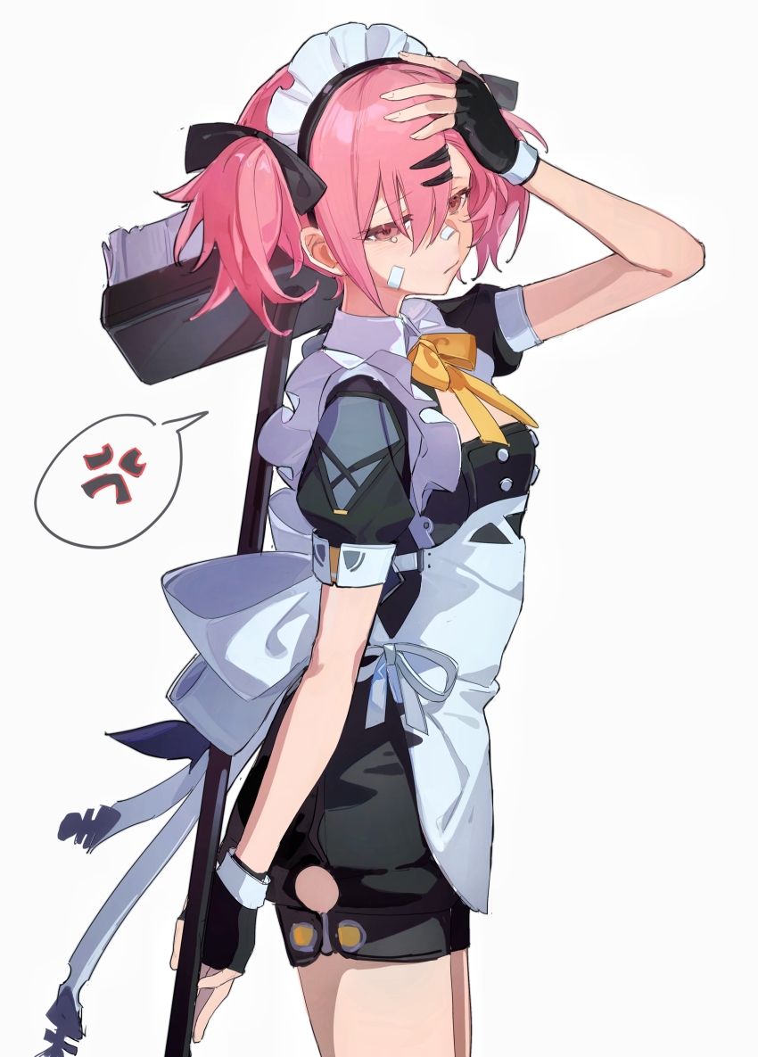 1girl absurdres anger_vein apron arm_up bandaid bandaid_on_face black_gloves black_shorts breasts chinese_commentary closed_mouth commentary_request fingerless_gloves gloves highres looking_down maid maid_headdress mop neck_ribbon original pink_eyes pink_hair poxiao_buff puffy_short_sleeves puffy_sleeves ribbon short_sleeves shorts simple_background small_breasts solo spoken_anger_vein two_side_up white_apron white_background yellow_ribbon