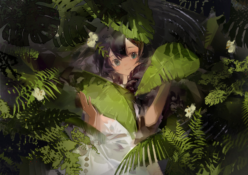 1girl absurdres blue_eyes closed_mouth dark-skinned_female dark_skin fatutu flower hair_flower hair_ornament hands_up hiding highres looking_at_viewer midriff monstera_deliciosa nature plant reverse:1999 sceed shirt skirt smile solo upper_body white_flower white_shirt white_skirt