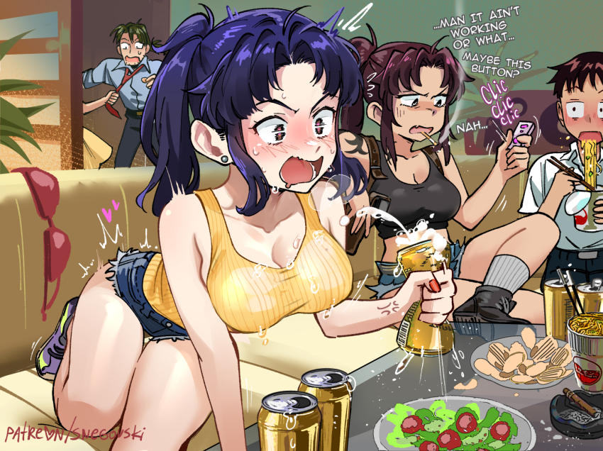 2girls 3girls alcohol arm_support bare_legs bare_shoulders beer beer_can bent_over black_lagoon blue_hair blush breasts can cigarette cleavage clothes_grab collarbone comic controller couch covered_erect_nipples crossed_legs crossover crushed_can cutoffs dashed_eyes denim denim_shorts drink_can drooling ear_piercing eating english_text food hair_intakes ikari_shinji indoors kaji_ryouji katsuragi_misato large_breasts long_hair multiple_girls necktie necktie_grab neckwear_grab neon_genesis_evangelion noodles open_mouth orange_eyes orange_shirt party patreon_username piercing ponytail purple_hair red_nails remote_control remote_control_vibrator revy_(black_lagoon) ribbed_shirt sanpaku sex_toy shirt shoes short_shorts shorts sidelocks sneakers snegovski sound_effects souryuu_asuka_langley sports_bra surprised tank_top thigh_gap twitching vibrator wavy_mouth