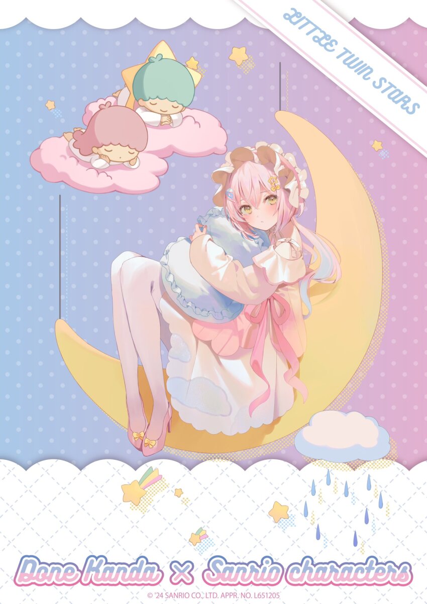 1girl artist_name bare_shoulders blue_hair bow character_name dress footwear_bow full_body hair_between_eyes hair_ornament hairclip high_heels highres hugging_object kanda_done kiki_(little_twin_stars) lala_(little_twin_stars) little_twin_stars long_hair looking_at_viewer low_ponytail multicolored_hair off_shoulder pantyhose parted_lips pillow pillow_hug pink_hair pink_shoes ponytail sanrio shoes solo star_(symbol) star_hair_ornament white_pantyhose yellow_bow yellow_eyes