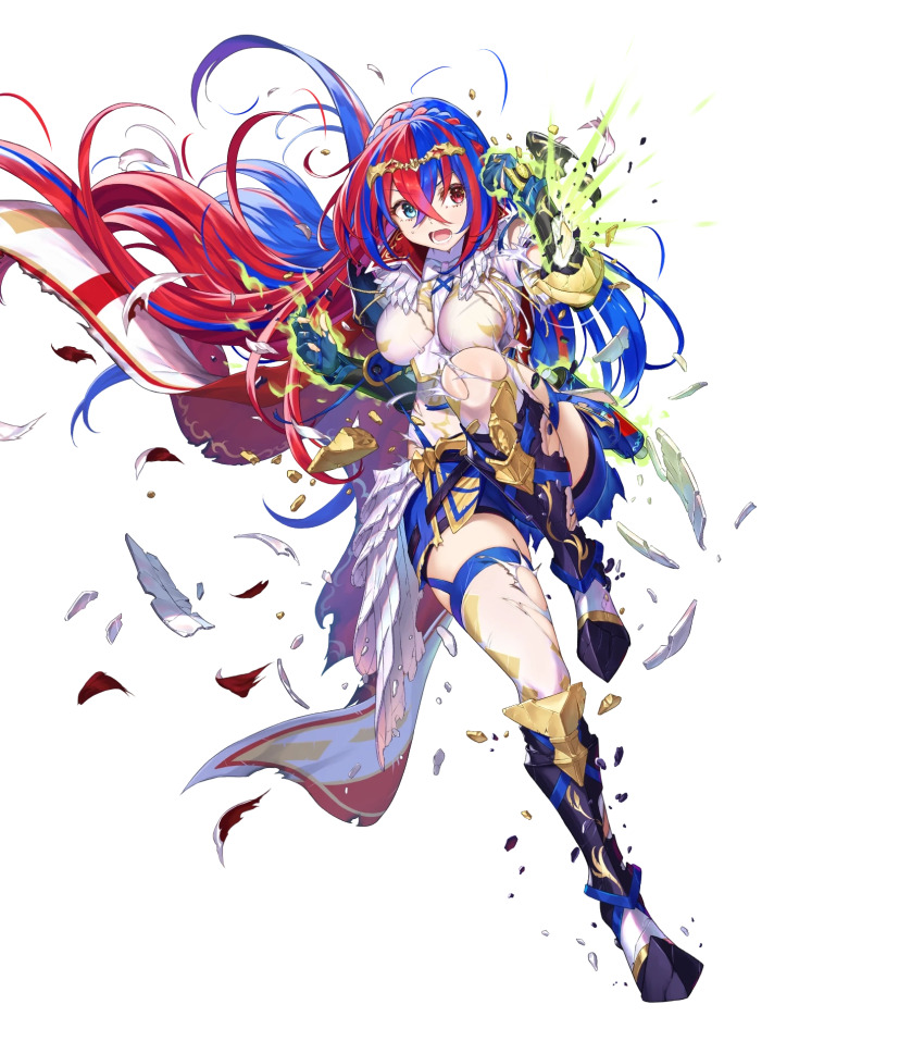 1girl armor armored_boots blue_eyes blue_hair boots braid breasts broken_armor cape elbow_pads female_alear_(awoken_divinity)_(fire_emblem) female_alear_(fire_emblem) female_focus fire_emblem fire_emblem_engage fire_emblem_heroes full_body gauntlets gloves glowing gold_trim heterochromia highres jewelry knee_boots kousei_horiguchi leg_up long_hair long_sleeves matching_hair/eyes medium_breasts miniskirt multicolored_hair nintendo non-web_source official_art open_mouth pale_skin pelvic_curtain puffy_sleeves red_eyes red_hair scroll shorts skirt solo teeth thighhighs thighs tiara torn_cape torn_clothes torn_gloves transparent_background