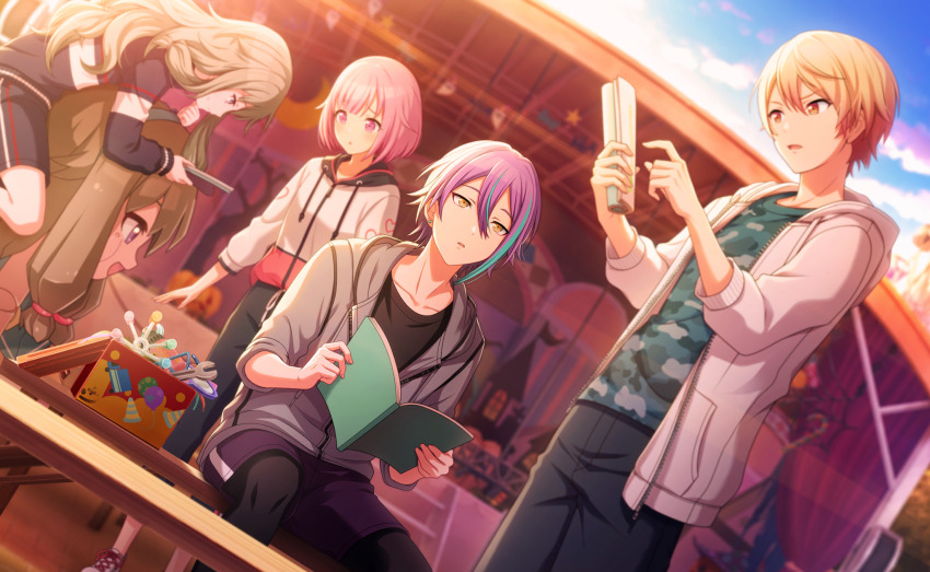 2boys 2girls bench black_leggings black_pants blonde_hair blue_hair blue_jacket blue_pants blue_shirt blue_shorts box camouflage camouflage_shirt cloud colorful_palette drawstring dutch_angle evening green_hair hair_flaps highres hood hood_down hooded_jacket jacket kamishiro_rui kusanagi_nene leggings multicolored_hair multiple_boys multiple_girls nenerobo official_art ootori_emu pants pink_eyes pink_hair project_sekai purple_eyes purple_hair purple_shorts robot shirt short_hair shorts sitting streaked_hair tenma_tsukasa third-party_source track_jacket white_jacket wonderlands_x_showtime_(project_sekai) yellow_eyes zenryoku!_wonder_halloween!_(project_sekai)