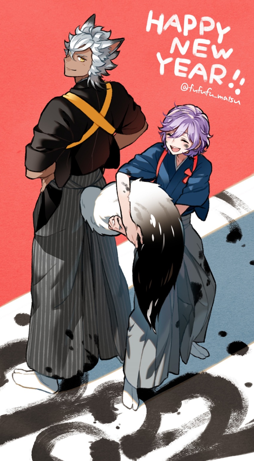 2022 2boys animal_ears black_hakama blue_kimono commentary_request dark-skinned_male dark_skin dated epel_felmier funuyu grey_hakama hakama hands_on_own_hips happy_new_year highres holding_another&#039;s_tail ink jack_howl japanese_clothes kimono looking_at_viewer looking_back male_focus multiple_boys new_year purple_hair red_background short_hair standing tail twisted_wonderland white_hair wolf_boy wolf_ears wolf_tail yellow_eyes