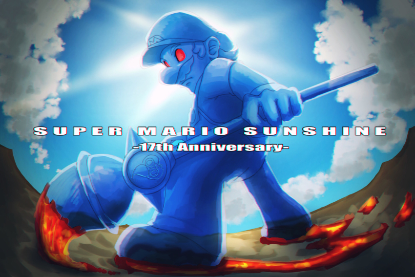 1boy angry blue_sky clone facial_hair hat highres looking_at_viewer mario_(series) mustache nintendo paint paintbrush red_eyes shadow_mario sky solo sun super_mario_sunshine