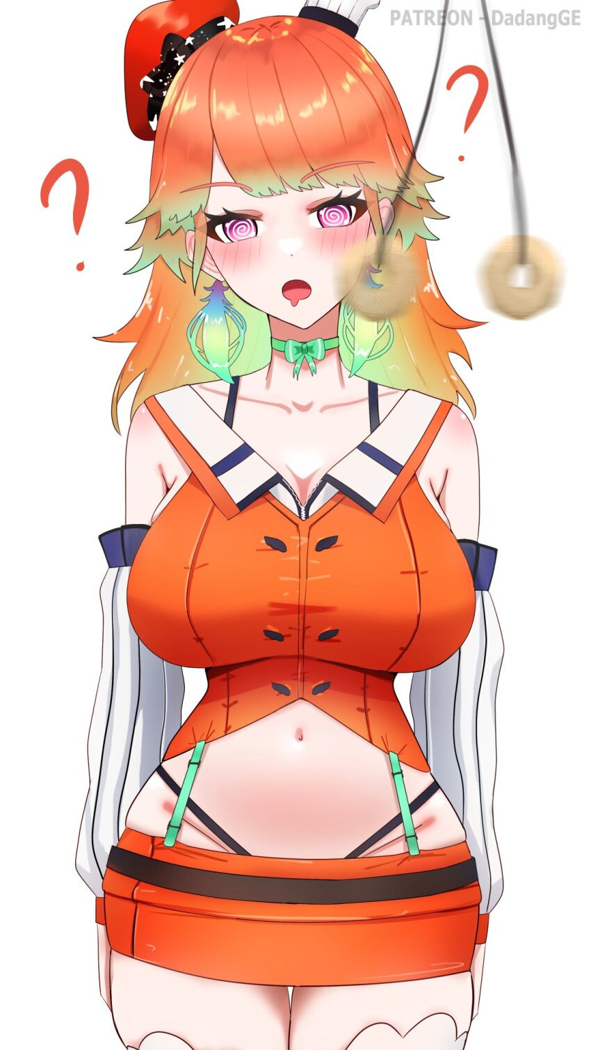 1girl ? @_@ beret blush bow bow_choker breasts choker coin coin_on_string dadangge detached_sleeves drooling earrings feather_earrings feathers gradient_hair green_choker green_hair hat highres hololive hololive_english hypnosis jewelry large_breasts long_hair looking_at_viewer midriff mind_control mini_chef_hat mouth_drool multicolored_hair multiple_hats navel open_mouth orange_hair orange_hat orange_skirt paid_reward_available pendulum purple_eyes simple_background skirt solo takanashi_kiara takanashi_kiara_(1st_costume) virtual_youtuber white_background
