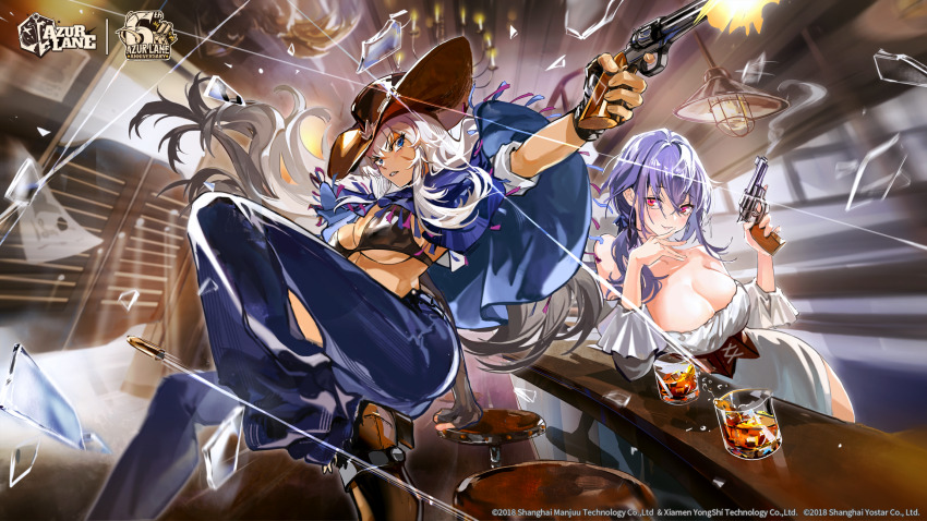 2girls alcohol azur_lane bikini bikini_top_only blue_eyes breasts bullet chair cleavage closed_mouth cowboy_hat dark-skinned_female dark_skin dress fingerless_gloves gloves gun handgun hat highres holding holding_weapon indiana_(azur_lane) indiana_(high_noon_arrest)_(azur_lane) indoors large_breasts logo looking_at_viewer multiple_girls official_alternate_costume official_art pants parted_lips pittsburgh_(azur_lane) pittsburgh_(the_bartender&#039;s_gambit)_(azur_lane) projectile_trail purple_hair red_eyes revolver scar second-party_source smoke smoking_barrel strapless strapless_dress swimsuit weapon whiskey white_hair zzyzzyy