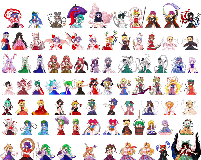 +_+ 6+girls =_= absurdres aki_minoriko aki_shizuha alcohol alice_margatroid alphes_(style) anchor anger_vein angry animal_ears apron arm_cannon arm_ribbon arm_warmers ascot asymmetrical_hair asymmetrical_wings bamboo_broom basket bat_wings black_dress black_hair blonde_hair blue_dress blue_hair blueberry blush book bow braid breasts broom brown_eyes brown_hair bucket camera cape capelet carrot cat_ears cat_tail cellphone chain chen cirno crescent crossed_arms cuffs cup daiyousei detached_sleeves doll dress dress_shirt drill_hair dual_wielding earrings everyone ex-keine eyeball fairy_wings fang flandre_scarlet flat_chest flower food fox_tail frills frog front_ponytail fruit fujiwara_no_mokou gourd gradient_hair grapes green_dress green_eyes green_hair grey_hair hair_bobbles hair_bow hair_ornament hair_ribbon hair_tubes hairband hakurei_reimu hand_on_another&#039;s_face hand_on_own_face hand_on_own_hip hat hat_ribbon head_wings heart heterochromia highres hijiri_byakuren himekaidou_hatate hinanawi_tenshi hip_focus hitodama holding hong_meiling hood horn_ornament horn_ribbon horns hoshiguma_yuugi houjuu_nue houraisan_kaguya ibuki_suika in_bucket in_container inaba_tewi instrument inubashiri_momiji izayoi_sakuya japanese_clothes jewelry kaenbyou_rin kagiyama_hina kamishirasawa_keine kaoru_(gensou_yuugen-an) karakasa_obake kasodani_kyouko katana kawashiro_nitori kazami_yuuka keyboard_(instrument) kirisame_marisa kisume koakuma kochiya_sanae komeiji_koishi komeiji_satori konpaku_youmu konpaku_youmu_(ghost) kumoi_ichirin kurodani_yamame large_breasts leaf leaf_on_head letty_whiterock lily_black lily_white long_hair long_sleeves looking_at_viewer luna_child lunasa_prismriver lyrica_prismriver maid_headdress maple_leaf medicine_melancholy medium_breasts merlin_prismriver miko miyako_yoshika mizuhashi_parsee moriya_suwako mouse_(animal) mouse_ears mouse_tail multicolored_hair multiple_girls multiple_tails murasa_minamitsu mystia_lorelei nagae_iku nazrin necktie nurse_cap obi object_on_head ofuda one_eye_closed onozuka_komachi open_mouth orange_hair outstretched_arms parody patchouli_knowledge phone pink_dress pink_eyes pink_hair plaid_clothes plaid_skirt plaid_vest pointing pointing_up pointy_ears polearm ponytail purple_eyes purple_hair rabbit_ears red_dress red_eyes red_hair reisen_udongein_inaba reiuji_utsuho remilia_scarlet ribbon rod_of_remorse rope rumia saigyouji_yuyuko sailor_hat sakazuki sake sash scarf scythe shameimaru_aya shanghai_doll shiki_eiki shimenawa shirt short_hair side_ponytail simple_background single_horn skirt skirt_set small_breasts smile spear star_(symbol) star_sapphire style_parody su-san sunny_milk sword tail tatara_kogasa third_eye tokin_hat toramaru_shou touhou triangular_headpiece trident trumpet twin_braids twintails two-tone_hair two_side_up umbrella unzan very_long_hair vest violin weapon white_background white_dress white_hair wings wink witch witch_hat wolf_ears wolf_tail wriggle_nightbug wrist_cuffs yagokoro_eirin yakumo_ran yakumo_yukari yasaka_kanako yellow_eyes zombie_pose