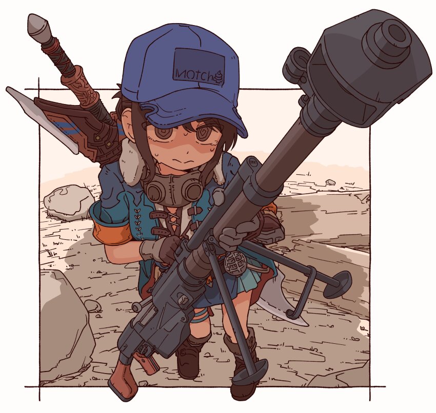 1girl :&gt; absurdres anti-materiel_rifle baseball_cap blue_hat blue_jacket bocchi-ya-nawi bolt-action_rifle boots border brown_boots brown_eyes brown_hair commentary_request full_body gloves grey_gloves gun hat highres holding holding_weapon jacket mask mask_around_neck monster_hunter_(series) muzzle_device original rifle sheath sheathed short_sleeves sidelocks sniper_rifle solo standing sword sword_on_back tripod tunic weapon weapon_on_back weapon_request white_border white_tunic