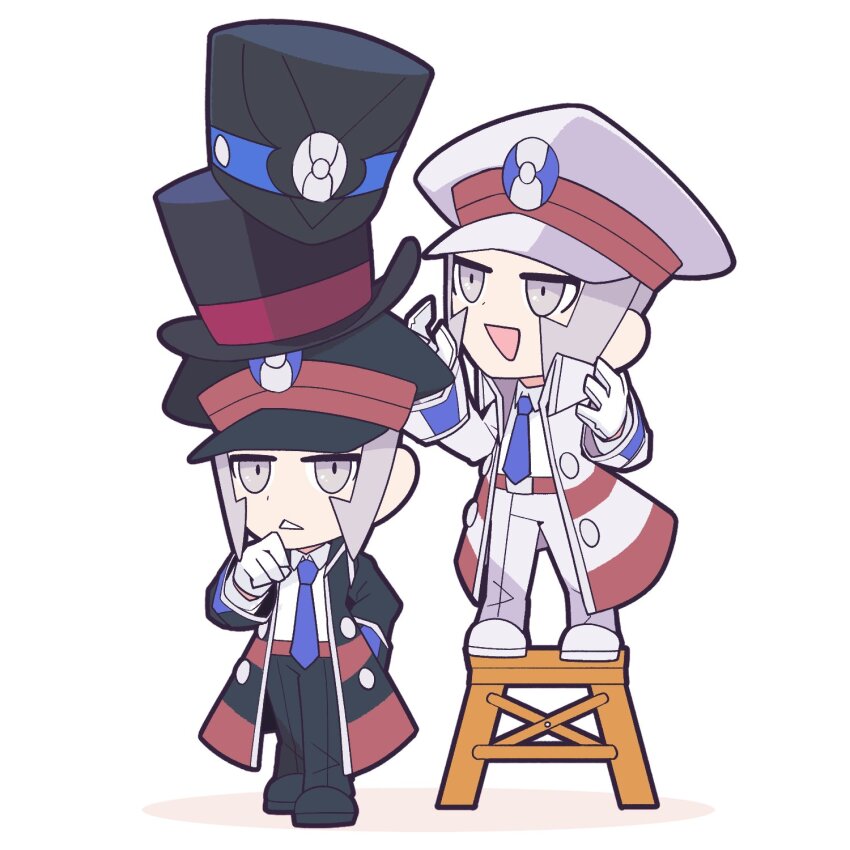 2boys :d armband belt black_coat black_footwear black_hat black_pants blue_armband blue_necktie chair chibi coat collared_shirt emmet_(pokemon) gloves green_eyes grey_hair hachijuu_suzume hat highres ingo_(pokemon) ingo_(special_costume)_(pokemon) ingo_(sygna_suit)_(pokemon) multiple_boys necktie nintendo on_chair open_mouth pants peaked_cap pokemon pokemon_bw pokemon_masters_ex shirt short_hair sideburns smile stacked_hats standing standing_on_chair top_hat white_background white_coat white_footwear white_gloves white_hat white_pants white_shirt wooden_chair wooden_stool