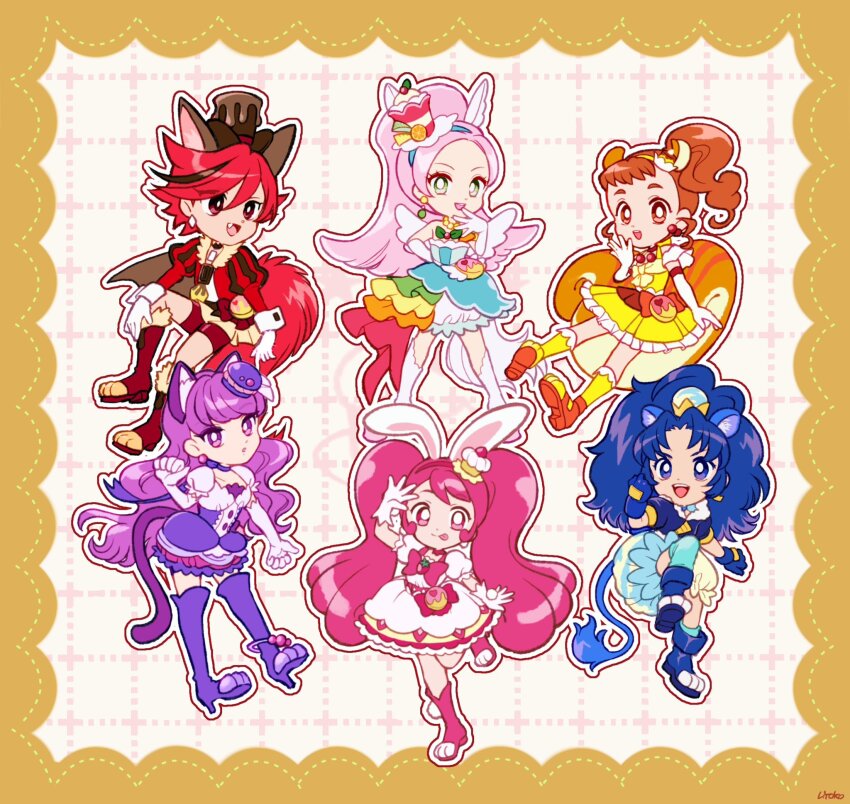 6+girls :o :p androgynous animal_ear_fluff animal_ears animal_shoes ankle_socks anklet aqua_socks arisugawa_himari ascot asymmetrical_legwear bare_shoulders bead_necklace beads big_hair black_choker blue_boots blue_choker blue_dress blue_eyes blue_gloves blue_hair blue_hairband blue_jacket blue_skirt blunt_bangs blunt_ends boots border bow bow_choker bow_skirt bowtie bright_pupils brooch brown_ascot brown_border brown_brooch brown_eyes brown_hair brown_hat bubble_skirt buttons cat_ears cat_girl cat_tail center_frills cherry_earrings chocolate choker clenched_hands closed_mouth collarbone commentary crown crown_earrings cupcake cure_chocolat cure_custard cure_gelato cure_macaron cure_parfait cure_whip deformed detached_sleeves diamond_earrings dog_ears dog_girl dog_tags dog_tail dot_nose dotted_line dress dripping earrings elbow_gloves extra_ears eyelashes fang floppy_ears food food-themed_clothes food-themed_earrings food-themed_hair_ornament food_print food_themed_earrings forehead frilled_dress frilled_skirt frilled_sleeves frilled_socks frills fruit_print full_body fur-trimmed_boots fur-trimmed_jacket fur_trim gloves gold_crown green_eyes grey_background grid_background hair_between_eyes hair_ornament hair_ribbon hairband hand_on_own_cheek hand_on_own_chin hand_on_own_face hand_on_own_head hand_on_own_hip hand_on_own_leg happy hat heart heart_print high-waist_skirt high_heel_boots high_heels high_ponytail high_side_ponytail highres horse_ears horse_girl horse_tail ice_cream ice_cream_cone invisible_chair jacket jewelry juliet_sleeves kenjou_akira kirahoshi_ciel kirakira_precure_a_la_mode knee_boots knee_up kneehighs kotozume_yukari large_tail leg_up lion_ears lion_girl lion_tail long_hair long_sleeves looking_ahead looking_at_viewer macaron magical_girl mini_crown miniskirt multicolored_hair multicolored_ribbon multiple_girls necklace open-toe_shoes open_clothes open_jacket open_mouth orange_shoes outline over-kneehighs parfait parted_bangs paw_pose paw_socks pegasus_wings picture_frame pink_bag pink_bow pink_bowtie pink_choker pink_eyes pink_hair pink_hairband pleated_dress pleated_skirt pleated_sleeves pom_pom_(clothes) pom_pom_earrings ponytail precure pudding puffy_short_sleeves puffy_sleeves pumps purple_boots purple_bow purple_choker purple_eyes purple_hair purple_skirt rabbit_ears rabbit_girl rainbow_gradient red_boots red_bow red_choker red_eyes red_hair red_jacket red_shorts ribbon shirt shoes short_dress short_hair short_sleeves shorts shorts_under_skirt sign signature single_over-kneehigh single_sock single_strap single_thighhigh sitting skirt skirt_under_dress sleeveless sleeveless_dress smile socks sphere_earrings square_neckline squirrel_ears squirrel_girl squirrel_tail standing strawberry_brooch strawberry_print streaked_hair swept_bangs tail tareme tategami_aoi teeth thick_eyebrows thigh_boots thighhighs tongue tongue_out top_hat twintails two-tone_ascot two-tone_bag two-tone_hair two-tone_skirt upper_teeth_only usami_ichika uwded_207 v-shaped_eyebrows vertical-striped_sleeves very_long_hair waist_bag waist_bow wand wavy_hair white_background white_boots white_dress white_gloves white_outline white_pupils white_ribbon white_shirt white_skirt white_sleeves white_wings white_wrist_cuffs wings wrist_cuffs yellow_ascot yellow_bag yellow_dress yellow_hairband yellow_outline yellow_socks