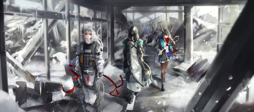 1other 2girls absurdres adjusting_clothes adjusting_headwear amiya_(arknights) animal_ears aqua_eyes arknights arm_up black_coat black_gloves black_hat black_horns black_jacket black_skirt brown_pantyhose closed_mouth clothes_writing coat cold doctor_(arknights) ears_through_headwear full_body gloves hair_between_eyes hands_in_pockets hat highres hood hood_up hooded_coat horns jacket jewelry jumpsuit long_hair long_sleeves mudrock_(arknights) multiple_girls multiple_rings open_clothes open_coat pantyhose peaked_cap red_eyes red_ribbon red_scarf ribbon ring robe scarf skirt snow standing tree_0404 walking white_hair white_jumpsuit white_robe wind