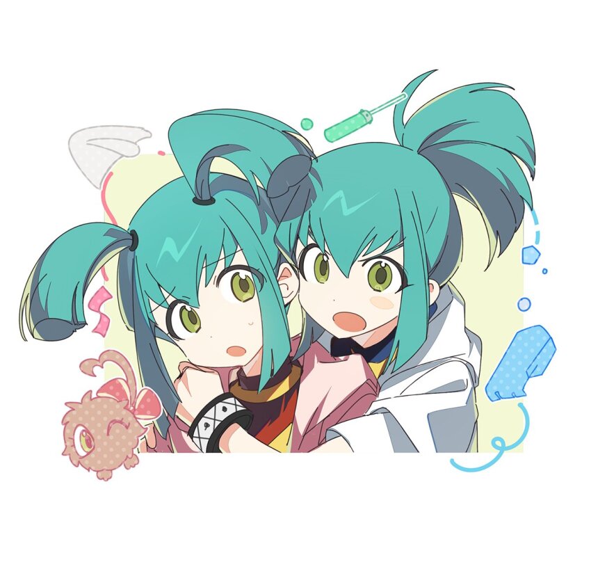1boy 1girl :o ap_bar blunt_tresses blush_stickers brother_and_sister duel_monster green_eyes green_hair hand_on_another&#039;s_shoulder hug hug_from_behind kuribon lua_(yu-gi-oh!) luca_(yu-gi-oh!) open_clothes open_mouth shirt short_twintails siblings single_blush_sticker sweatdrop twins twintails yu-gi-oh! yu-gi-oh!_5d&#039;s