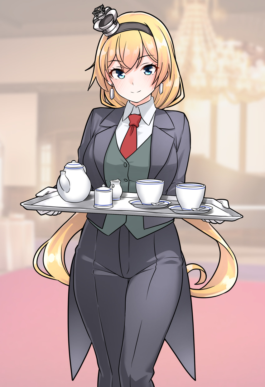 1girl absurdres black_hairband black_jacket black_pants black_suit blonde_hair blue_eyes butler collared_shirt commentary_request crown cup earrings female_butler formal_clothes furaggu_(frag_0416) gloves green_vest hairband highres holding holding_tray jacket jewelry kantai_collection long_hair long_sleeves looking_at_viewer mini_crown necktie pants red_necktie shirt solo standing suit teacup teapot tray valiant_(kancolle) variant_set very_long_hair vest white_gloves white_shirt