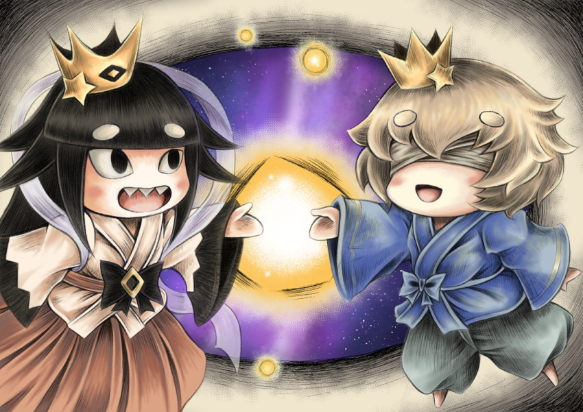 1boy 1girl alternate_costume bandages bandages_over_eyes black_hair blind_prince blonde_hair blunt_bangs blush chibi cosplay crown hidefu_kitayan hikoboshi hikoboshi_(cosplay) japanese_clothes liar_princess long_hair long_sleeves looking_at_another open_mouth orihime_(cosplay) orihime_(tanabata) outstretched_arm sharp_teeth standing star_(symbol) symbolism teeth thick_eyebrows usotsuki_hime_to_moumoku_ouji wide_sleeves
