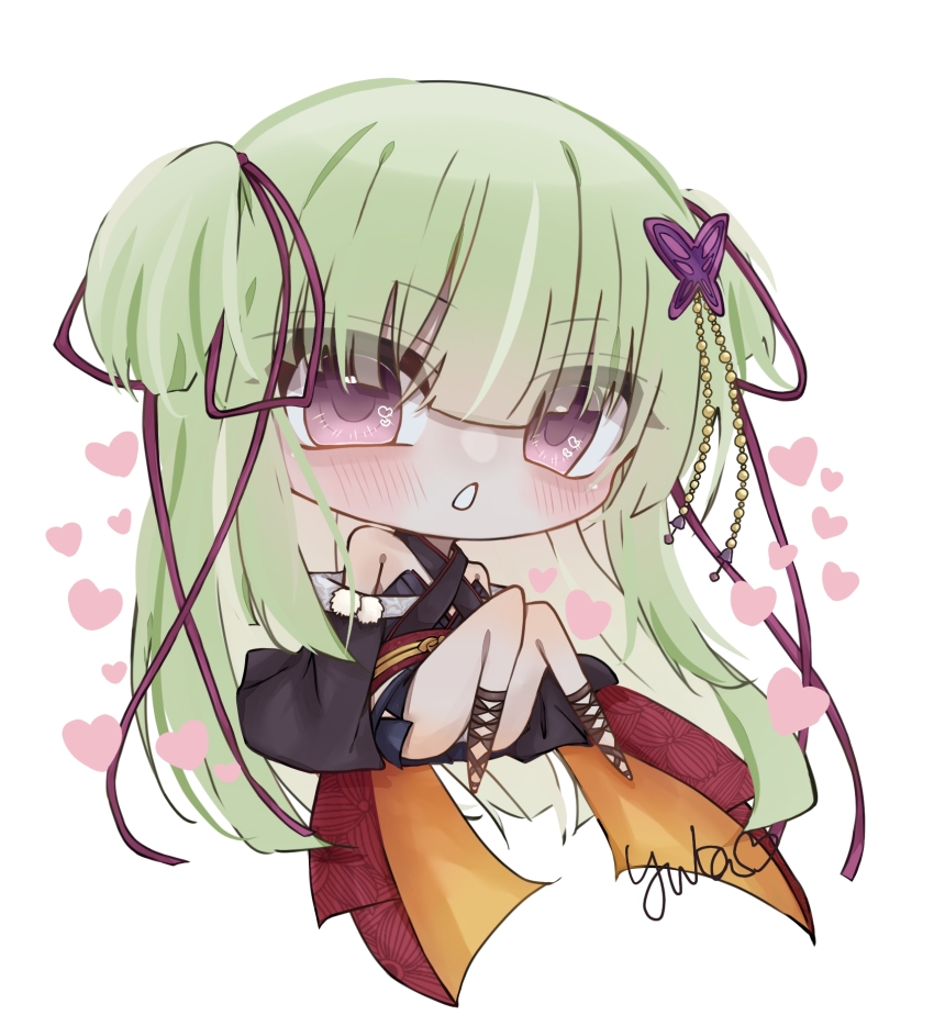 1girl bare_shoulders black_kimono black_skirt blunt_bangs blunt_ends blush brown_sandals butterfly_hair_ornament chibi chibi_only commentary_request criss-cross_halter eyes_visible_through_hair full_body hair_ornament hair_ribbon halterneck heart heart_in_eye highres hime_cut japanese_clothes judas_gundam kimono knees_together_feet_apart long_hair long_ribbon long_sleeves looking_at_viewer miniskirt murasame_(senren) open_mouth panties pink_eyes pleated_skirt pom_pom_(clothes) red_ribbon red_sash ribbon sandals sash senren_banka sidelocks signature simple_background sitting skirt solo straight_hair symbol_in_eye two_side_up underwear v-shaped_eyebrows very_long_hair white_background white_panties wide_sleeves
