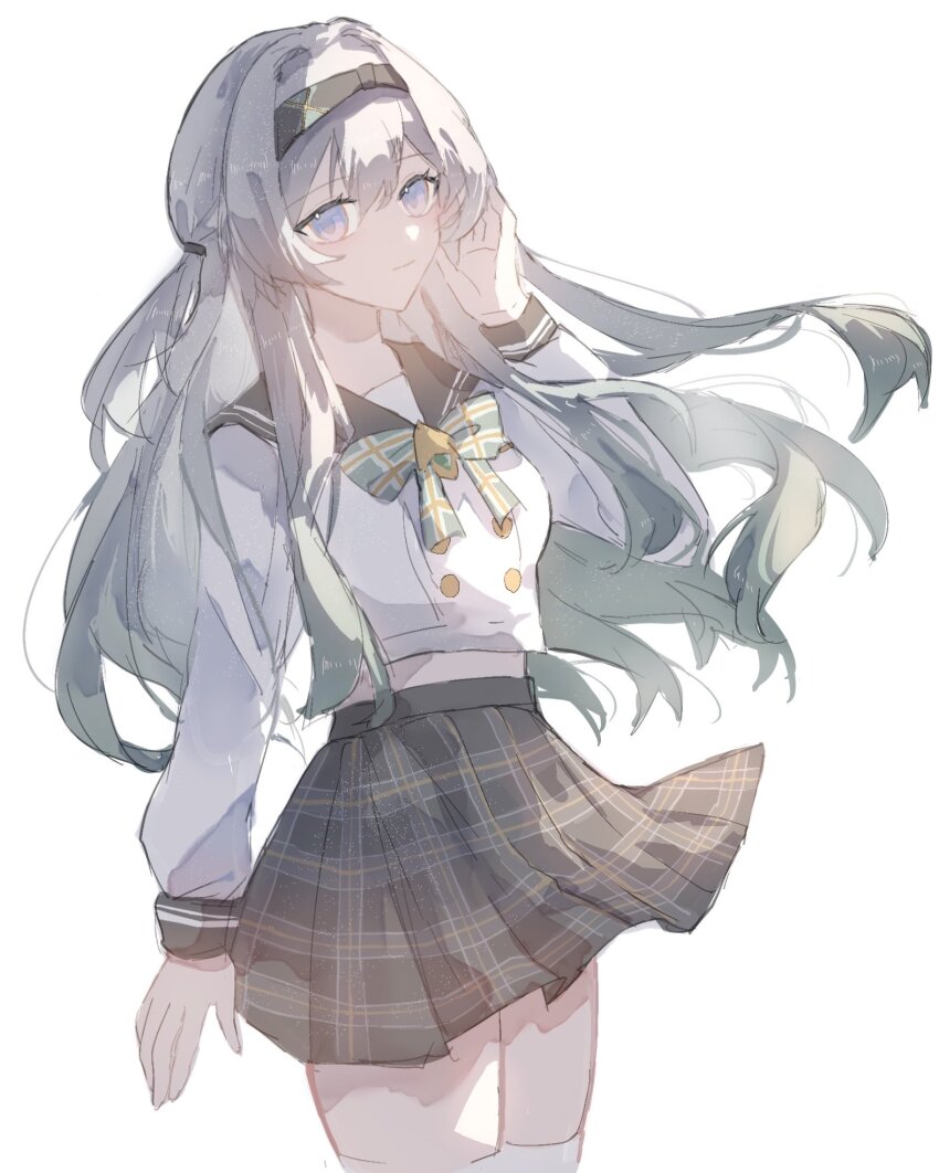1girl belly black_hairband black_sailor_collar bow bowtie buttons collared_shirt double-breasted firefly_(honkai:_star_rail) firefly_(spring_missive)_(honkai:_star_rail) gradient_hair green_bow green_bowtie grey_hair grey_skirt hair_between_eyes hair_intakes hair_tie hairband highres honkai:_star_rail honkai_(series) long_hair long_sleeves minutes_(minutes_draw) multicolored_hair plaid_bow plaid_bowtie plaid_clothes pleated_skirt sailor_collar shirt simple_background skirt solo thighhighs white_background white_shirt white_sleeves white_thighhighs