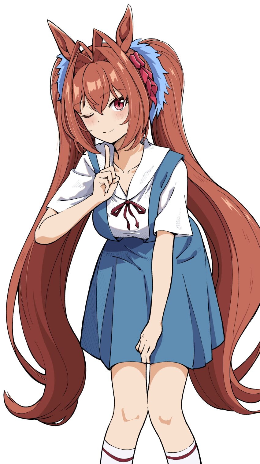 1girl absurdres animal_ears blue_scrunchie blue_skirt breasts brown_hair closed_mouth collarbone cosplay daiwa_scarlet_(umamusume) feet_out_of_frame hair_intakes hair_ribbon hand_on_own_thigh hand_up hashtag-only_commentary highres horse_ears horse_girl horse_tail index_finger_raised large_breasts leaning_forward long_hair looking_at_viewer neck_ribbon neon_genesis_evangelion one_eye_closed oxymoron_0213 red_eyes red_ribbon ribbon sailor_collar sailor_shirt school_uniform scrunchie shirt short_sleeves simple_background skirt slit_pupils smile socks solo suspender_skirt suspenders tail tokyo-3_middle_school_uniform twintails umamusume very_long_hair white_background white_shirt white_socks