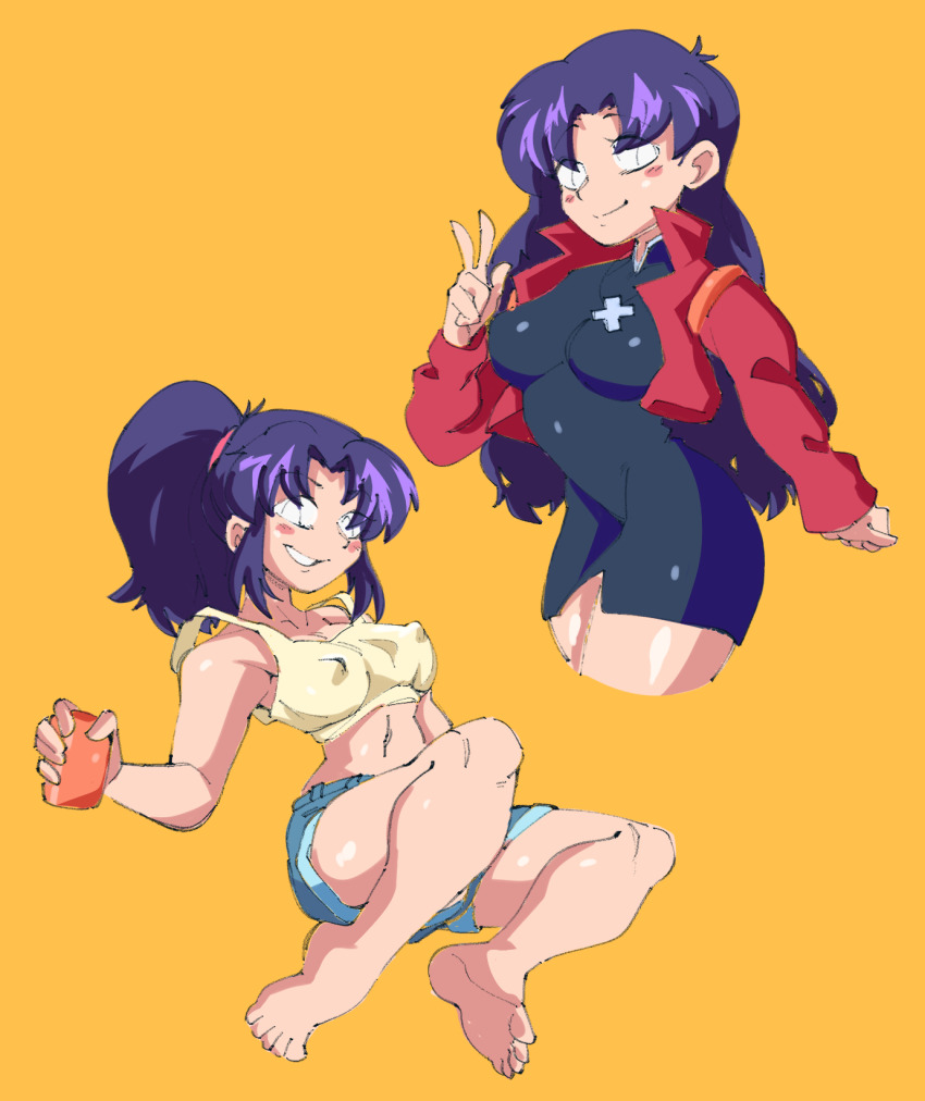 1girl arzonaut bare_legs barefoot beer_can black_dress blush blush_stickers breasts can curvy denim denim_shorts dress drink_can female_focus high_ponytail jacket katsuragi_misato long_hair looking_at_viewer medium_breasts messy_hair multiple_views navel neon_genesis_evangelion ponytail purple_eyes purple_hair red_jacket short_shorts shorts smile solo strap_slip thighs v wide_hips