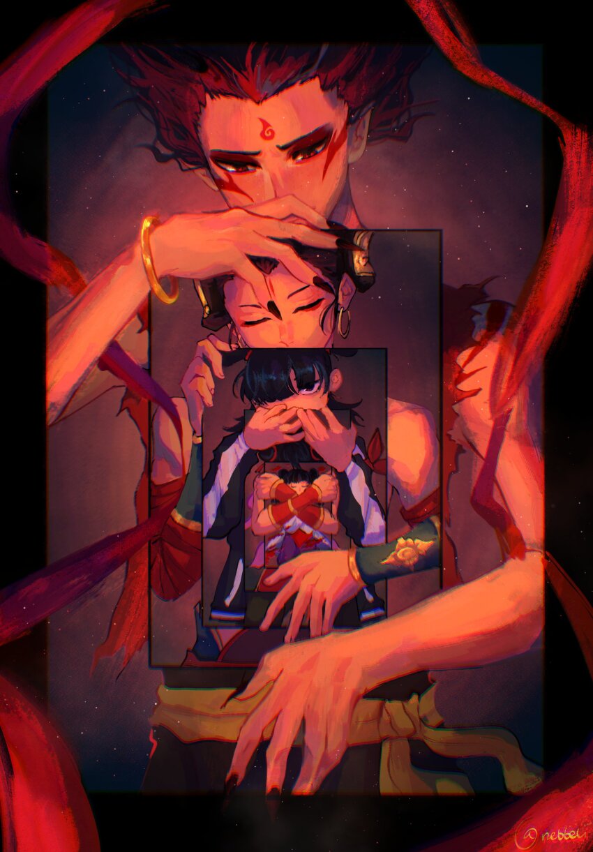 21_shiji_qujing_lu 5boys absurdres black_eyes black_hair black_jacket black_myth:_wukong blood blunt_bangs death double_bun earrings facial_mark feiren_zai fingernails forehead_mark hair_bun highres hoop_earrings jacket jewelry luo_xiaohei_zhanji male_focus multiple_boys nebbeli nezha_(21_shiji_qujing_lu) nezha_(feiren_zai) nezha_(mythology) nezha_(nezha_zhi_motong_jiangshi) nezha_(the_legend_of_luoxiaohei) red_eyes red_shawl sharp_fingernails shawl slit_pupils white_jacket