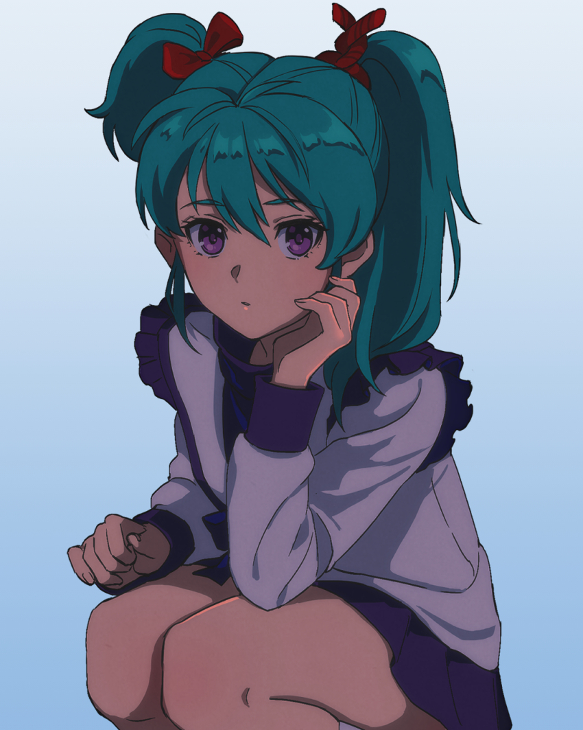 1girl blue_background bow char&#039;s_counterattack gradient_background green_hair grey_background gundam hair_bow highres kneehighs long_hair long_sleeves looking_at_viewer ly_(pixiv114303729) miniskirt pleated_skirt purple_eyes purple_skirt quess_paraya red_bow shirt skirt socks solo squatting twintails uneven_twintails white_shirt white_socks