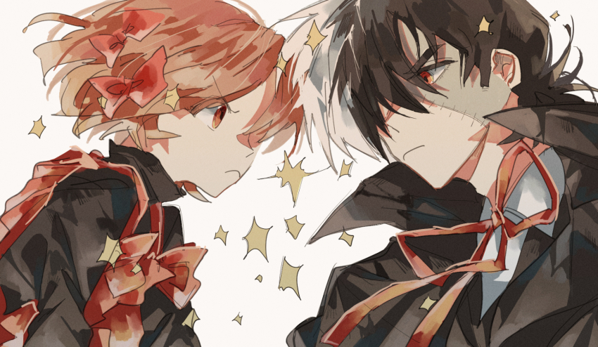 1boy 1girl angry bad_id bad_pixiv_id black_coat black_hair black_jack_(character) black_jack_(series) black_shirt black_vest bow brown_eyes brown_hair closed_mouth coat collared_shirt colored_eyelashes dress eye_contact forehead-to-forehead frown hair_bow heads_together highres kamakura_(umi_146) lightning_glare long_sleeves looking_at_another multiple_hair_bows neck_ribbon patchwork_skin pinafore_dress pinoko red_bow red_dress red_eyes red_ribbon ribbon scar scar_on_face shirt short_hair simple_background sleeveless sleeveless_dress upper_body v-shaped_eyebrows vest white_background white_shirt wing_collar