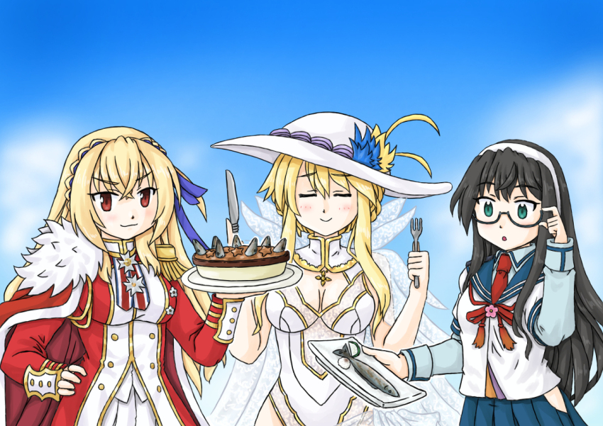 3girls alternate_costume artoria_pendragon_(fate) artoria_pendragon_(swimsuit_ruler)_(fate) artoria_pendragon_(swimsuit_ruler)_(second_ascension)_(fate) azur_lane black_hair blonde_hair crossover fate_(series) kantai_collection king_george_v_(azur_lane) multiple_girls official_alternate_costume ooyodo_(kancolle)