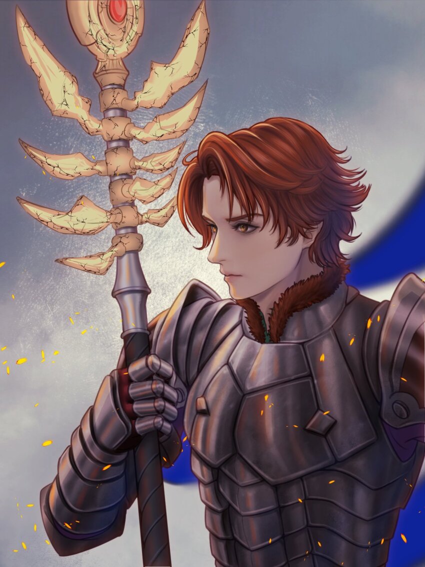 1boy arm_up armor breastplate closed_mouth commentary commentary_request embers english_commentary fire_emblem fire_emblem:_three_houses from_side fur-trimmed_collar fur_trim gauntlets highres holding holding_polearm holding_weapon lance_of_ruin male_focus mixed-language_commentary nintendo orange_eyes ornate_weapon parted_bangs pauldrons polearm red_fur red_hair shoulder_armor solo sylvain_jose_gautier sylvain_jose_gautier_(timeskip) upper_body weapon wrainbow13