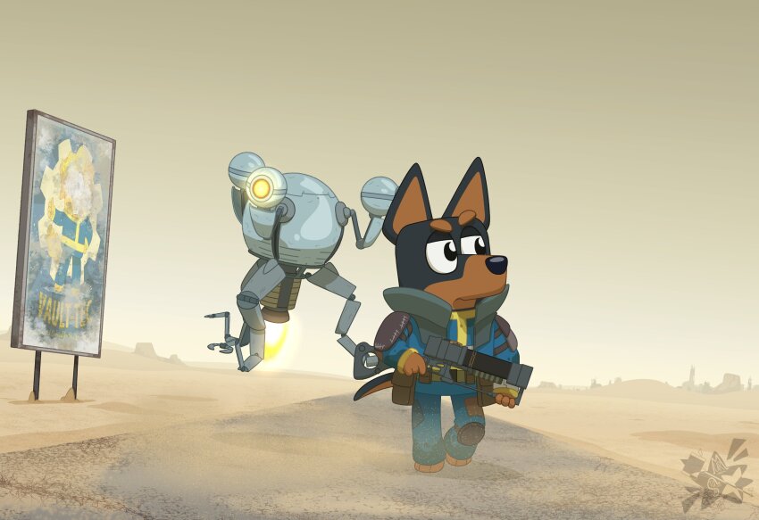 1boy 1other absurdres artist_logo bluey captainabruzze desert dirt fallout furry gears german_shepherd highres logo mister_handy_(fallout) original pip_boy sign weapon