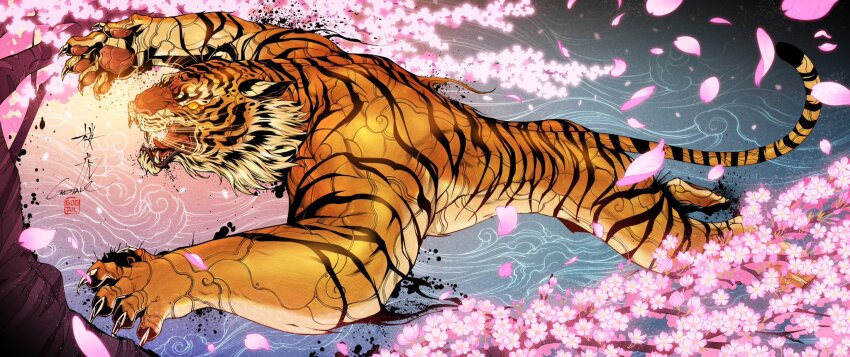 animal animal_ears animal_focus artist_name branch cherry_blossoms claws fangs full_body godtail_t highres ink_splatter jumping metal_skin open_mouth orange_eyes original sharp_teeth slit_pupils solo tail teeth tiger tree wind