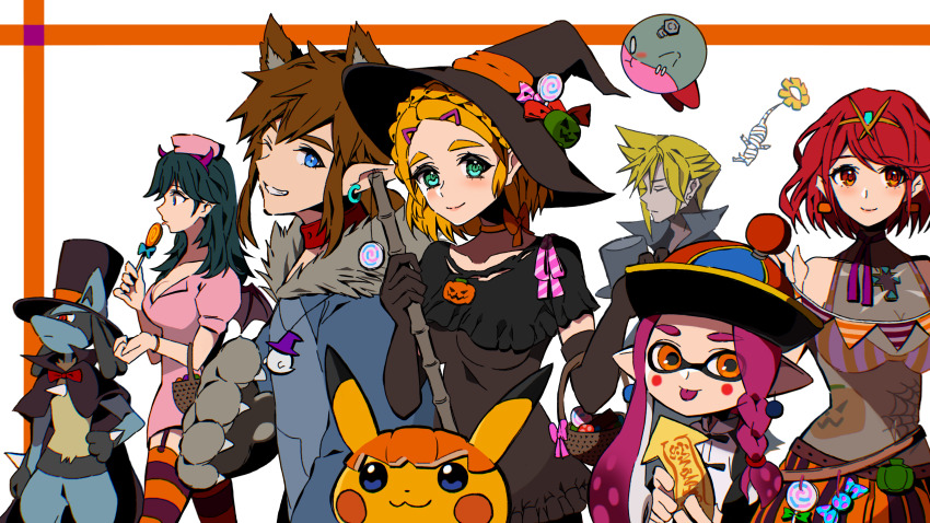 absurdres animal_ears ao_hito blonde_hair blue_eyes blue_hair braid breasts brown_hair candy cape chinese_clothes cloud_strife dress earrings female_byleth_(fire_emblem) final_fantasy final_fantasy_vii fire_emblem fire_emblem:_three_houses flower food frankenstein garter_straps gen_1_pokemon gen_4_pokemon gloves green_eyes hair_ornament hair_over_one_eye hat highres inkling_girl inkling_player_character jewelry kirby kirby_(series) large_breasts link long_hair looking_at_viewer lucario mummy_costume navel nintendo nurse nurse_cap one_eye_closed pikachu pikmin_(creature) pikmin_(series) pointy_ears pokemon pokemon_(creature) princess_zelda pumpkin pyra_(xenoblade) red_hair smile splatoon_(series) super_smash_bros. the_legend_of_zelda the_legend_of_zelda:_breath_of_the_wild the_legend_of_zelda:_tears_of_the_kingdom thighhighs tongue tongue_out top_hat wings witch witch_hat wolf wolf_ears xenoblade_chronicles_(series) xenoblade_chronicles_2 zombie