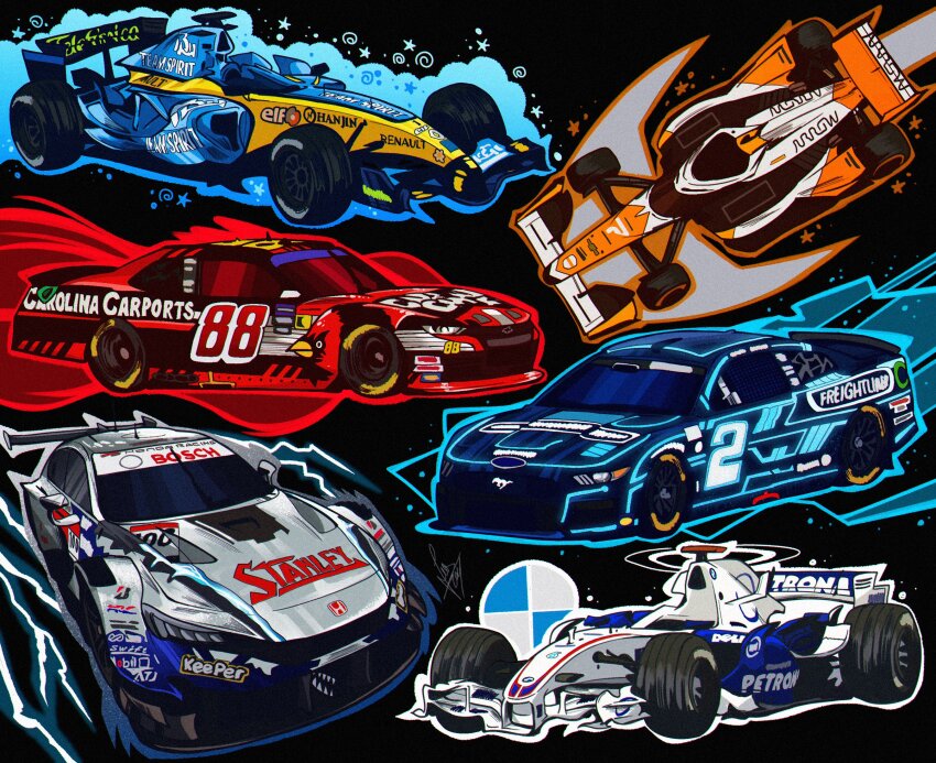 bmw bridgestone car chevrolet chevrolet_camaro chevrolet_camaro_(6th_generation) commentary dallara_dw12 english_commentary enkei ford ford_mustang ford_mustang_s550 formula_one formula_racer highres honda honda_civic honda_civic_type_r honda_civic_type_r-gt indycar_series mclaren mobil1 motor_vehicle nascar no_humans race_vehicle racecar renault schumisnoopy spoiler_(automobile) sponsor super_gt vehicle_focus