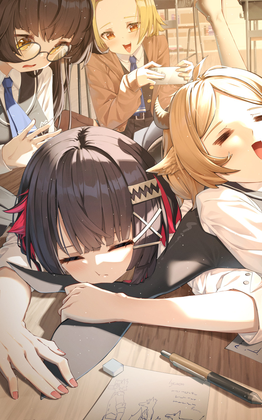 4girls =_= absurdres black_hair blonde_hair blue_necktie brown_cardigan brown_hair cardigan closed_eyes colored_inner_hair ellen_joe ellen_joe_(on_campus) eraser glasses highres light_particles long_hair lynn_(zenless_zone_zero) maeru mechanical_pencil monna_(zenless_zone_zero) multicolored_hair multiple_girls necktie orange_eyes pencil red_hair red_nails ruby_(zenless_zone_zero) school_uniform shirt sleeping taking_picture white_shirt yellow_eyes zenless_zone_zero