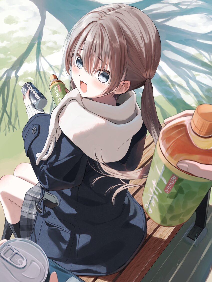 1girl 1other :d bag blue_jacket bottle brown_hair can commentary_request day fingernails fringe_trim grey_skirt hair_between_eyes highres holding holding_bottle holding_can jacket long_hair long_sleeves looking_at_viewer looking_back on_bench open_mouth original out_of_frame outdoors pentagon_(railgun_ky1206) plaid_clothes plaid_skirt pleated_skirt scarf school_bag shadow sitting skirt sleeves_past_wrists smile solo_focus sweater twintails very_long_hair white_scarf white_sweater