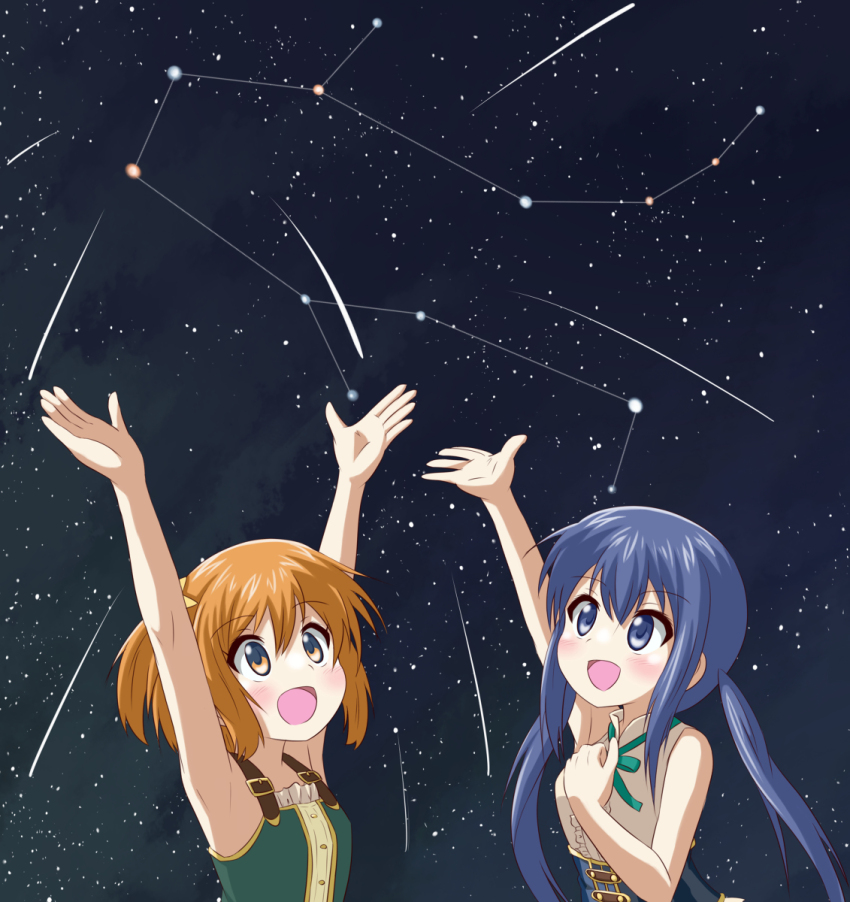 2girls alternate_costume armpits arms_up bare_shoulders blue_eyes blue_hair blush constellation dot_nose female_focus hair_ornament highres koisuru_asteroid konohata_mira long_hair manaka_ao medium_hair multicolored_eyes multiple_girls nanog_eb1994 night open_mouth orange_hair outdoors standing star_(symbol) star_hair_ornament twintails