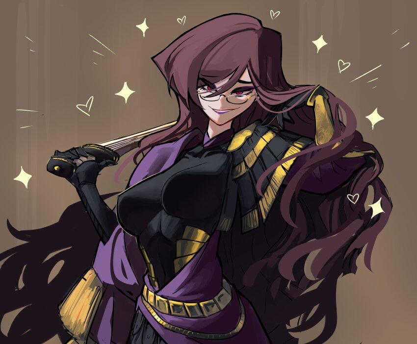 1girl absurdres black_bodysuit black_gloves bodysuit breasts brown_background centurii-chan commentary cowboy_shot double-parted_bangs english_commentary eyeliner glasses gloves gold_trim hair_between_eyes hand_up heart highres holding holding_sword holding_weapon large_breasts lipstick long_hair looking_at_viewer makeup open_clothes open_robe original parted_lips pink_eyes praetorian_(centurii-chan) purple_eyeliner purple_hair purple_lips purple_robe robe simple_background smile solo sparkle sword tight_clothes very_long_hair weapon
