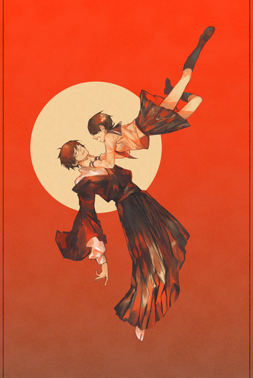 1boy 1girl black_hair black_hakama black_kimono black_skirt black_socks circle falling from_side full_body fuura_kafuka glasses hair_over_eyes hakama hands_on_another&#039;s_neck highres itoshiki_nozomu japanese_clothes kimono kneehighs loafers long_sleeves mag_(ma9xxx) opaque_glasses open_mouth parted_lips partially_opaque_glasses pleated_skirt profile red_background sayonara_zetsubou_sensei school_uniform serafuku shirt shoes short_hair simple_background skirt smile socks tabi white_shirt white_socks