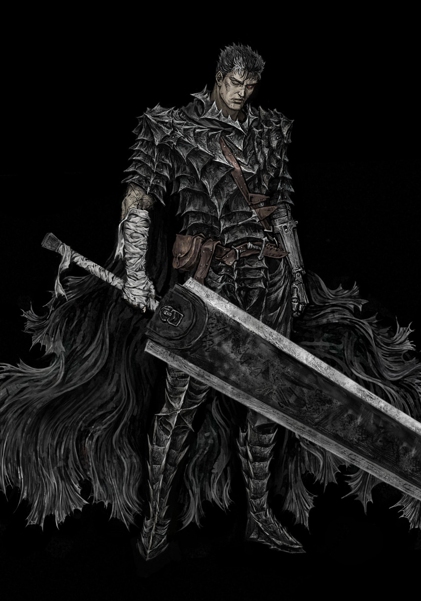 1boy absurdres armor armored_boots bandaged_arm bandages belt berserk black_background black_cape black_hair boots brown_belt cape dragonslayer_(sword) guts_(berserk) highres knife leather_belt multicolored_hair one_eye_closed pouch prosthesis prosthetic_arm robinrot scar scar_on_arm scar_on_face scar_on_nose sheath short_hair shoulder_belt simple_background solo spiked_armor throwing_knife weapon white_hair