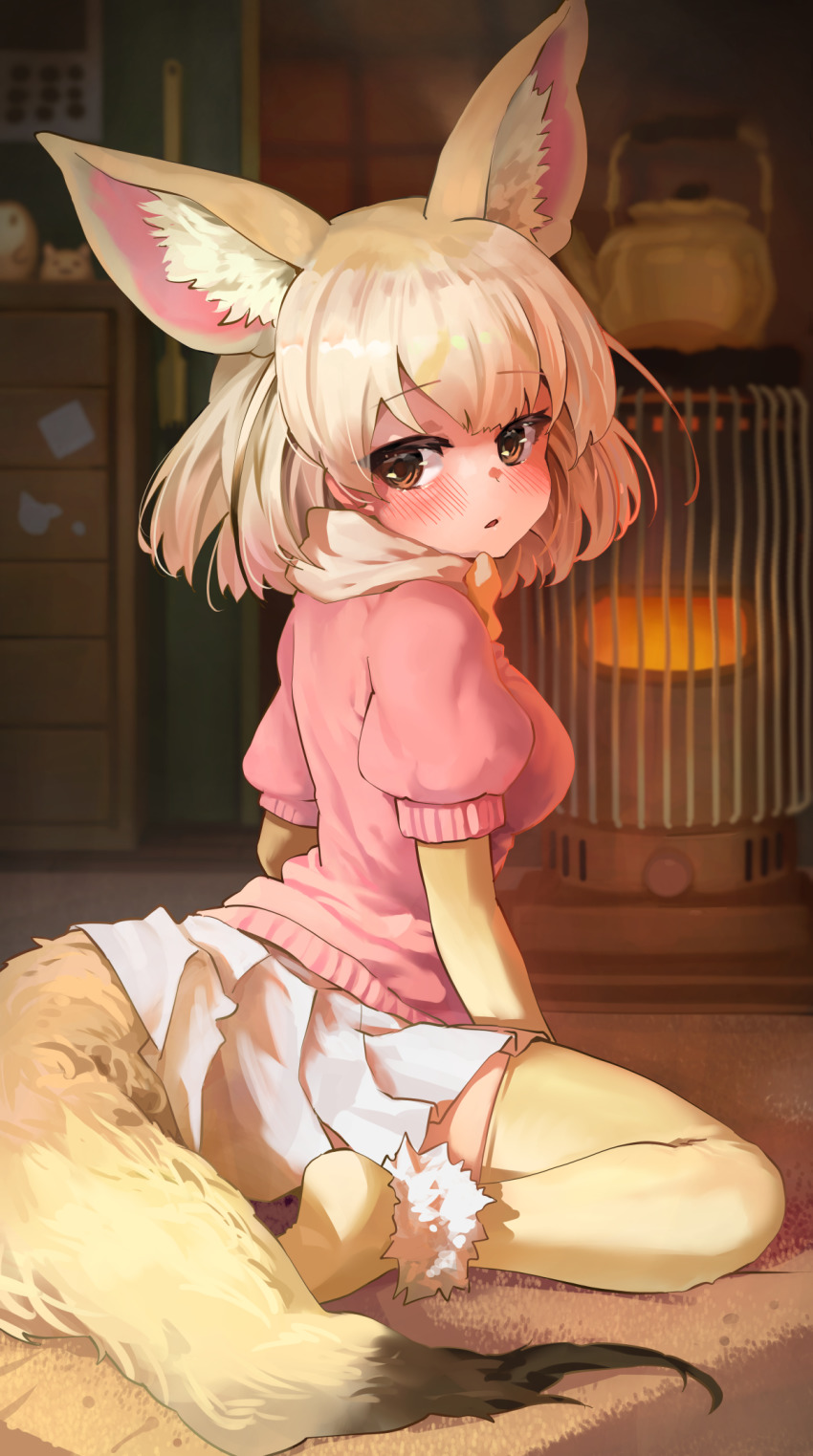 1girl animal_ear_fluff animal_ears ankle_cuffs blonde_hair blurry blurry_background blush bob_cut calendar_(object) chest_of_drawers doll fennec_(kemono_friends) fox_ears fox_tail from_behind from_side heater highres indoors kemono_friends kerosene_heater kettle looking_at_viewer looking_back melaton miniskirt night no_shoes pink_sweater pleated_skirt puffy_short_sleeves puffy_sleeves rug short_hair short_sleeves sitting skirt solo sweater tail wariza white_skirt