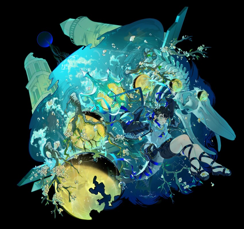 anchor black_hair black_skirt branch flower highres kie_(monochrome_finale) kiekoio large_tail looking_at_viewer monochrome_finale moon multicolored_eyes skeleton skirt tail two-tone_eyes underwater