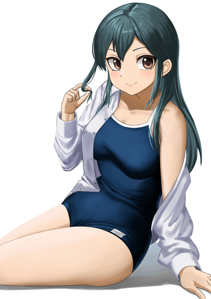 1girl absurdres black_hair blue_one-piece_swimsuit breasts brown_eyes competition_school_swimsuit cowboy_shot highres idolmaster idolmaster_cinderella_girls long_hair medium_breasts mitsumi_neguchi ohishi_izumi one-piece_swimsuit open_clothes open_shirt playing_with_hair school_swimsuit shirt simple_background sitting smile solo swimsuit white_background white_shirt yokozuwari
