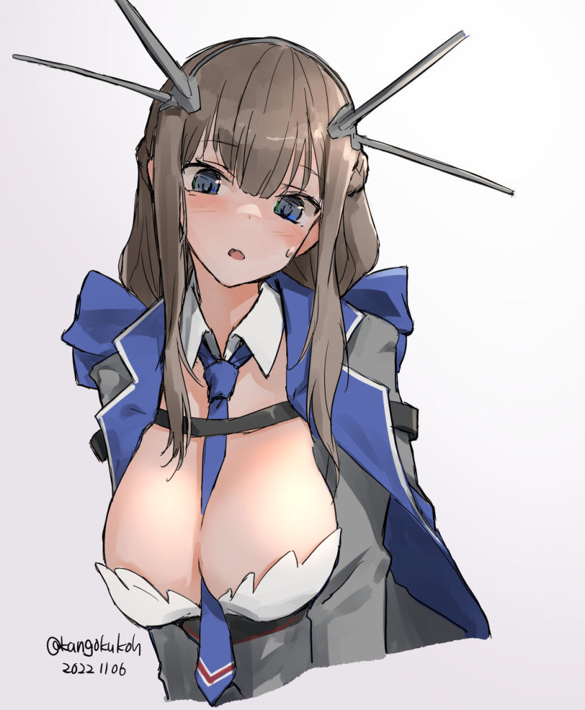 1girl between_breasts blue_bow blue_eyes blue_necktie bow breasts capelet cleavage dress grey_capelet grey_hair headgear highres kangoku_kou kantai_collection large_breasts long_hair looking_at_viewer low_twintails maryland_(kancolle) necktie necktie_between_breasts one-hour_drawing_challenge radio_antenna shirt simple_background sleeveless solo strapless strapless_dress twintails upper_body white_background white_shirt